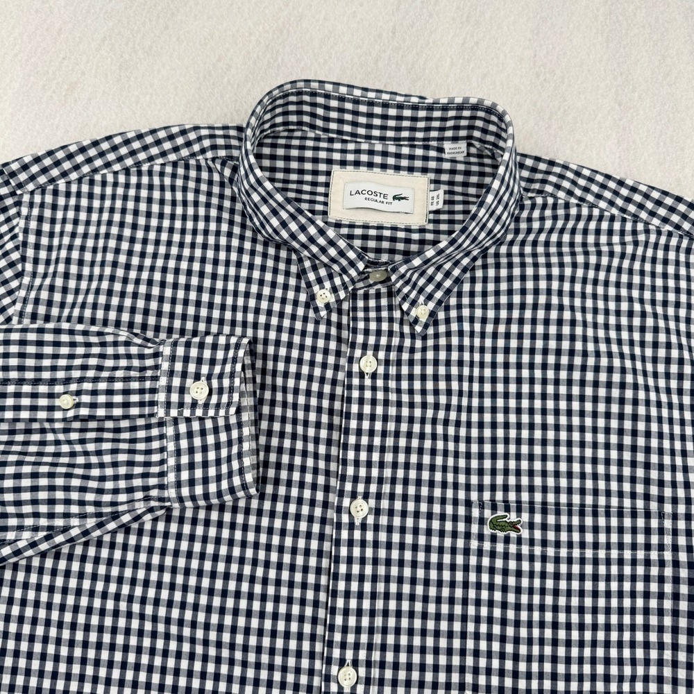 Lacoste Regular Fit Mens XXL Gingham Button Down Shirt Navy Blue Preppy Casual